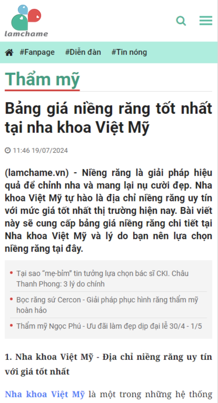 báo lamchame nói về nha khoa việt mỹ