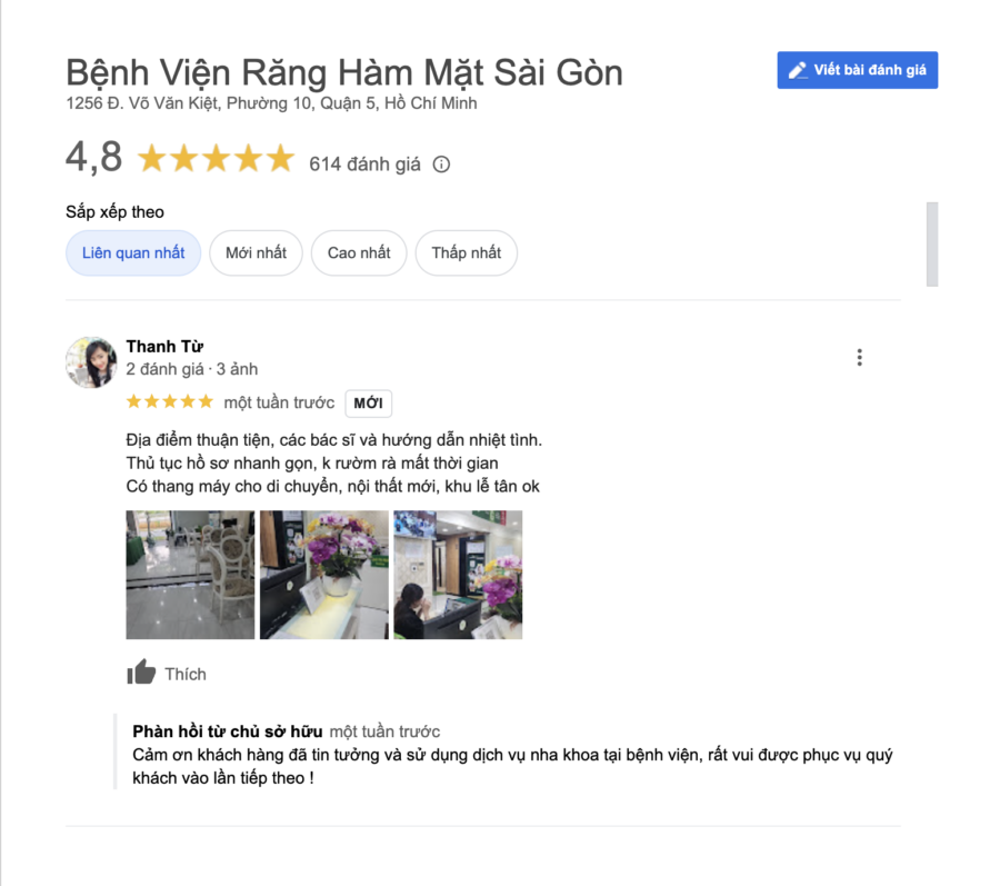 Phản hồi của khách hàng với bệnh viện Răng Hàm Mặt Sài Gòn.