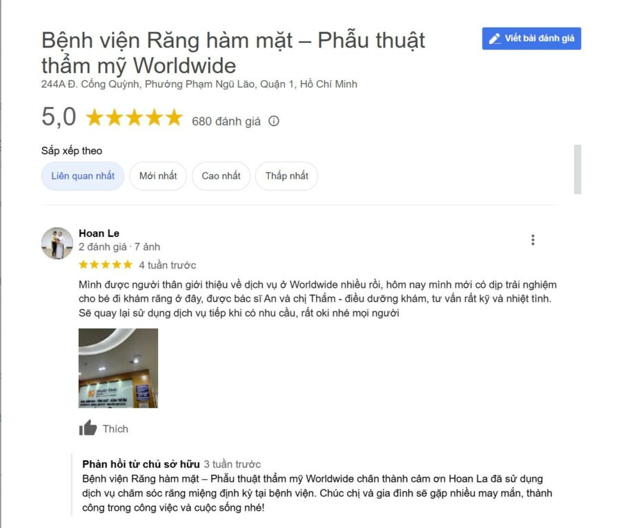 Đánh giá của khách hàng tại bệnh viện răng hàm mặt Worldwide