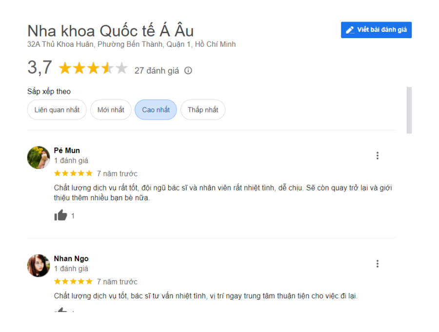 Đánh giá của Nha khoa Quốc tế Á Âu trên Google