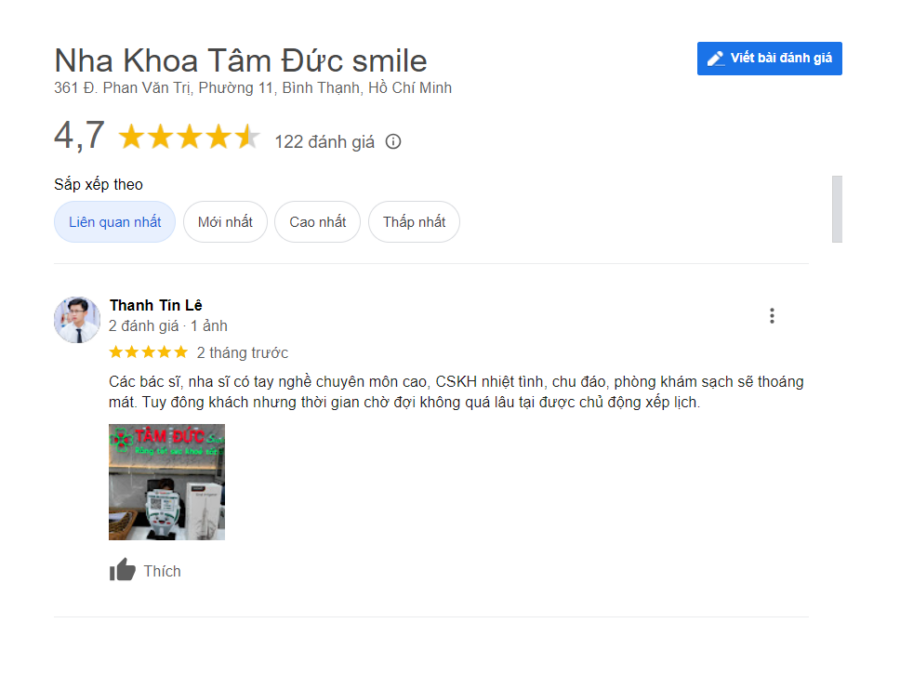 Đánh giá của nha khoa Tâm Đức Smile trên Google map