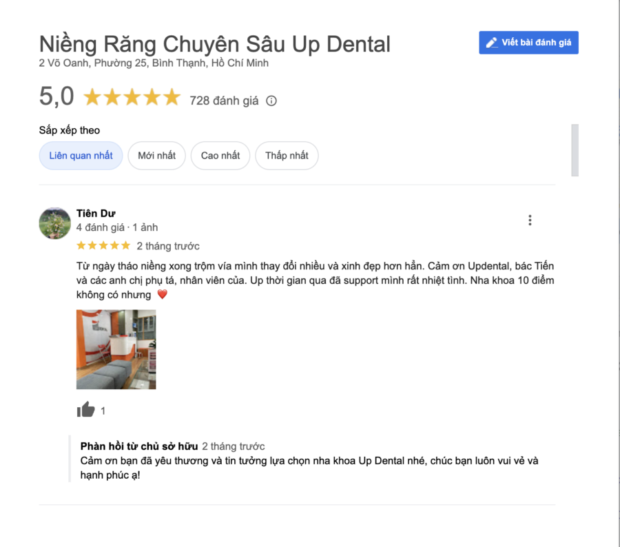 Phản hồi của khách hàng với nha khoa Up Dental.