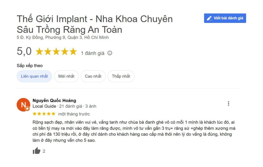 đánh giá của khách hàng tại thế giới Implant