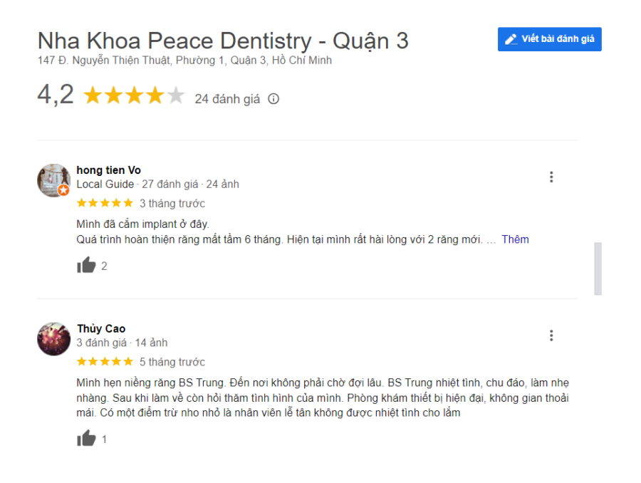 Đánh giá của khách hàng về nha khoa Peace Dentistry - Quận 3