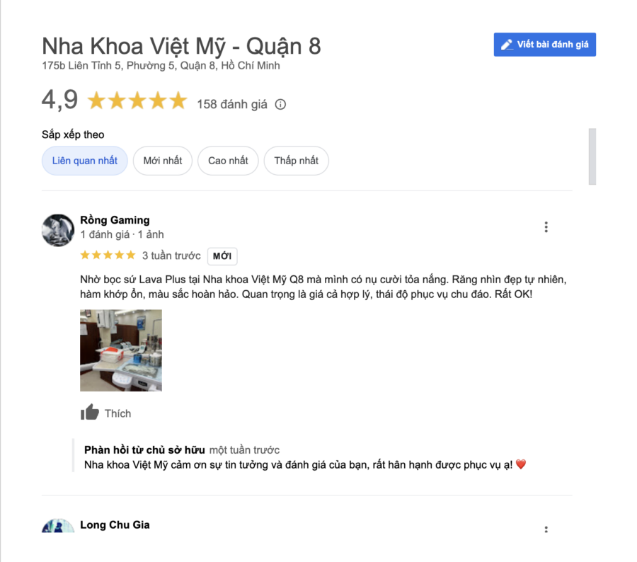 Ảnh chụp đánh giá nha khoa Việt Mỹ quận 8