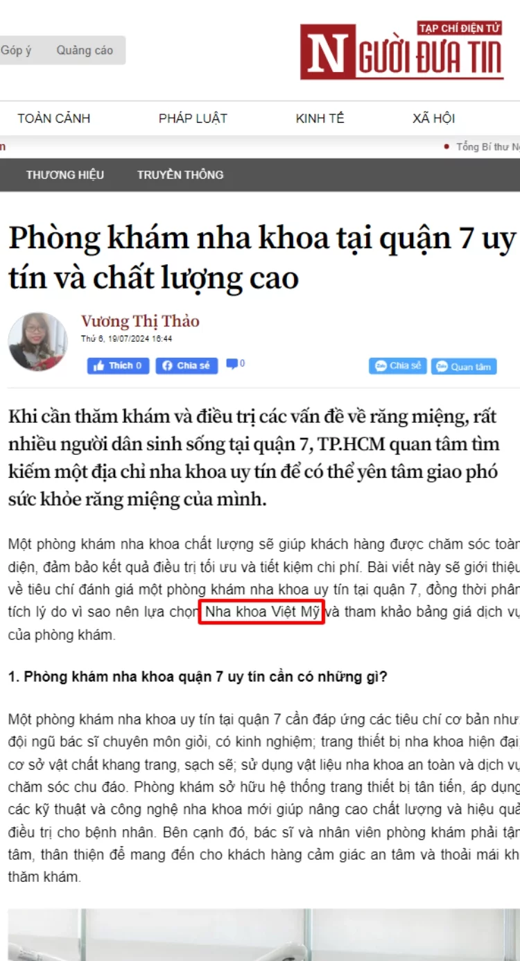 Báo Người Đưa Tin đưa tin về Nha Khoa Việt Mỹ