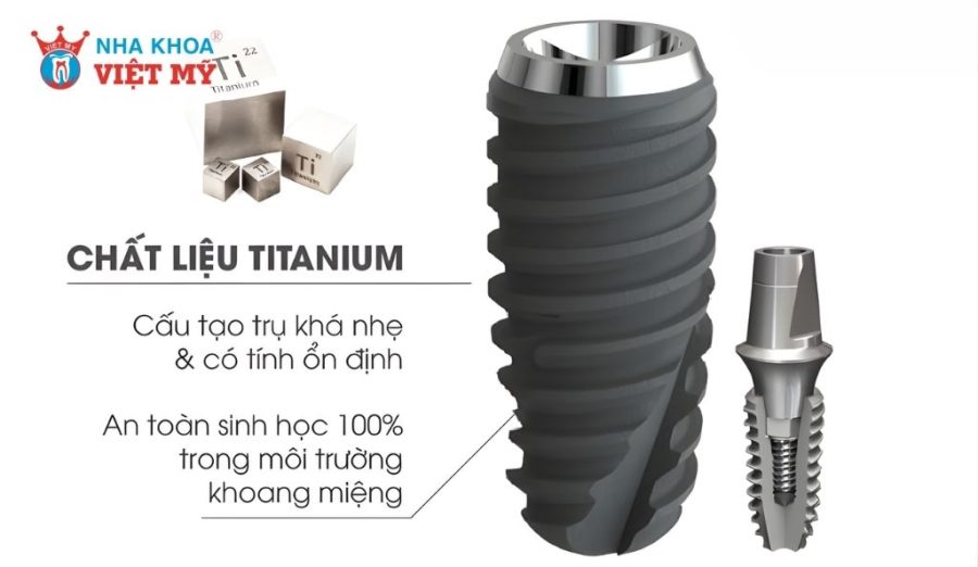 Trụ Implant Dentium làm từ Titanium thuần chất, tương thích sinh học cao và an toàn cho cơ thể